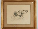 drawing of a dog in a frame on a wall