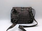 black and brown handbag with a strap on a white background
