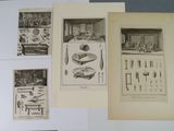 several old black and white pictures of various objects displayed on a table