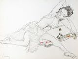 drawing of a woman laying on the ground with her arms behind her head