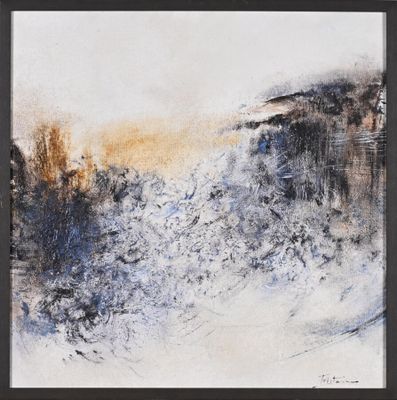 an abstract painting of a landscape with trees in the foreground