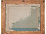 an old wooden frame with a painting on it hanging on a wall
