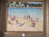 a painting of people on the beach by the water