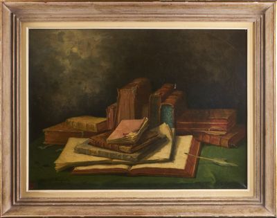 an oil painting of a book and some books on a table