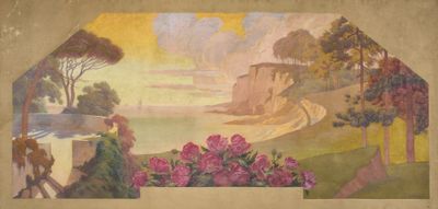 une image représentant un tableau de paysage avec des fleurs au premier plan