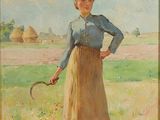 an oil painting of a woman holding a whip in a field