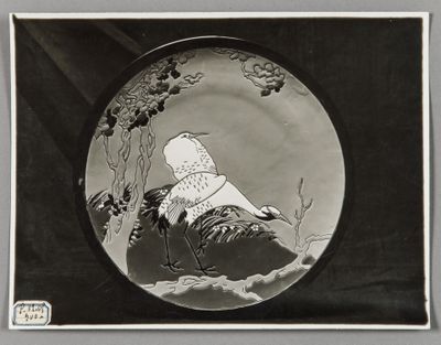 photo en noir et blanc d'un oiseau posé sur une assiette, avec un arbre en arrière-plan