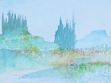 une aquarelle représentant un paysage avec des arbres et des buissons