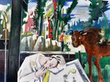 a painting of a woman and a cow in a field