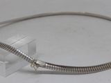 silver plated necklace with a snake ' s tail on a clear acrylic stand