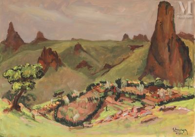 une peinture à l'huile représentant un paysage de montagne avec des arbres et des collines