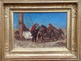 tableau représentant un groupe d'hommes sur une plage, avec un bateau en arrière-plan
