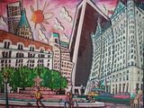 painting of a painting of a city with people and buildings