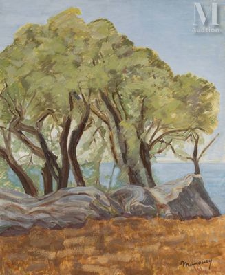 peinture représentant un groupe d'arbres dans un champ près de l'océan