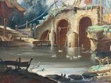 a painting of a bridge over a body of water