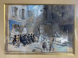 a painting of a group of people on a city street