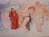 une peinture représentant un groupe de personnes devant un bâtiment