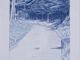 blue ink drawing of a path in the woods with trees