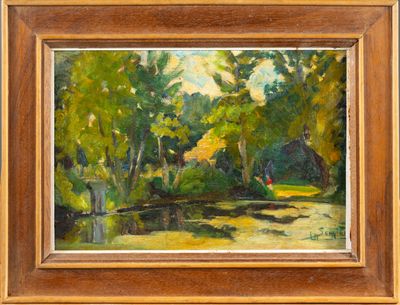 une image représentant un tableau où l'on voit une personne se promener dans les bois