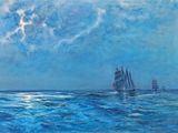une peinture à l'huile représentant un voilier au milieu d'une vaste étendue d'eau