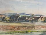a watercolor painting of a village in the middle of a field