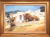 an oil painting of a landscape with a village in the background
