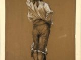 dessin représentant un homme vêtu d'une chemise blanche et d'un pantalon marron, de dos par rapport à l'appareil photo
