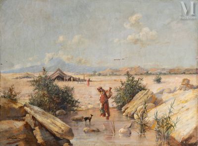 une image représentant un tableau où l'on voit un homme et un chien dans le désert