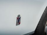 a close up of a badge on the side of a white car