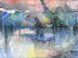 a watercolor painting of a boat on the water