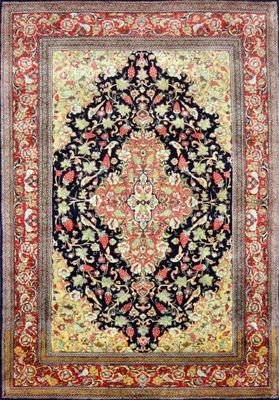a black and red rug with an ornate design