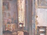 painting of a living room with a couch and a chair