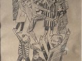 drawing of a group of people walking down a street with umbrellas