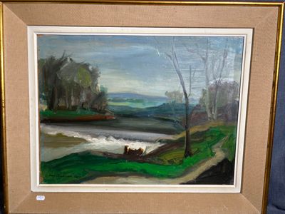 un tableau représentant une rivière avec un bateau dessus