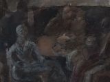 a painting of a man sitting in a chair with a guitar
