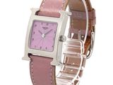 purple square watch with pink leather strap on white background