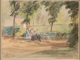 two people sitting on a bench in the park