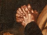 painting of a man holding hands with a key in front of him