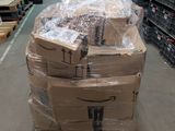 boxes are stacked on a pallet in a large warehouse