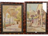 two framed paintings of a courtyard with a fountain and a building