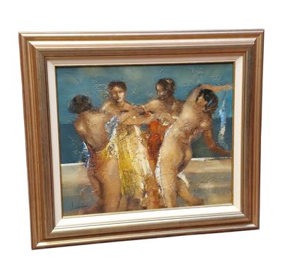 painting of a group of nudes on a beach in a gold frame