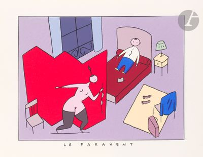 a cartoon picture of a man in a bed and a woman on a bed
