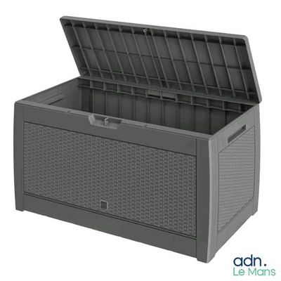 a gray plastic chest with a lid open on a white background