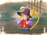 une image représentant un personnage de dessin animé tenant une harpe dans un champ