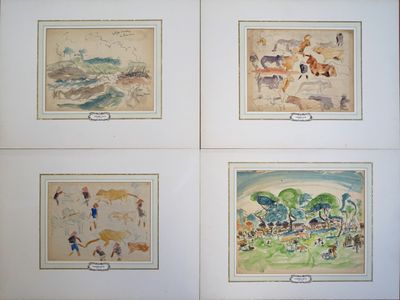 four framed watercolor paintings of people and animals in a field