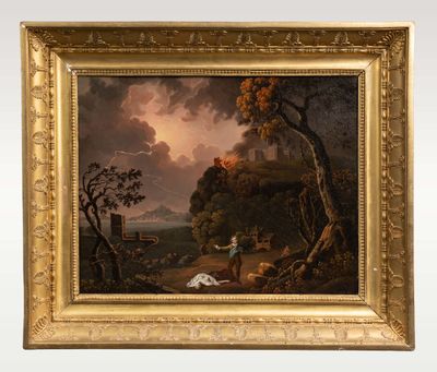une peinture à l'huile représentant un paysage avec un homme et une femme au premier plan