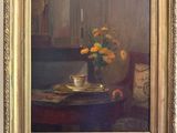 une image d'un tableau représentant un vase de fleurs sur une table