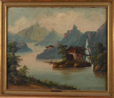 an image of a painting of a boat on a river with mountains in the background