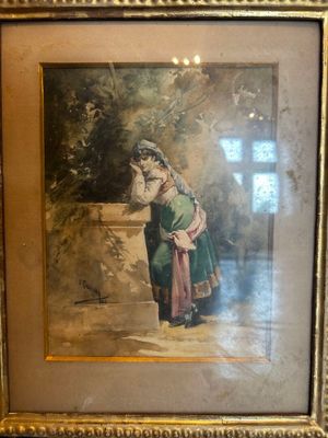 tableau représentant une femme appuyée contre un mur en compagnie d'un chien