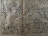 drawing of a book with drawings of people and animals on it